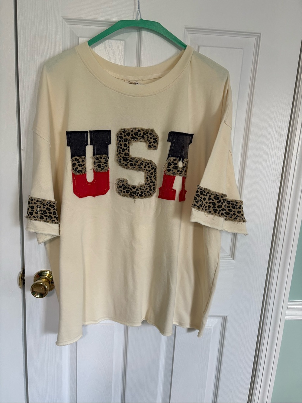 Cream Short Sleeve USA Graphic Tee with Leopard Trim Accents